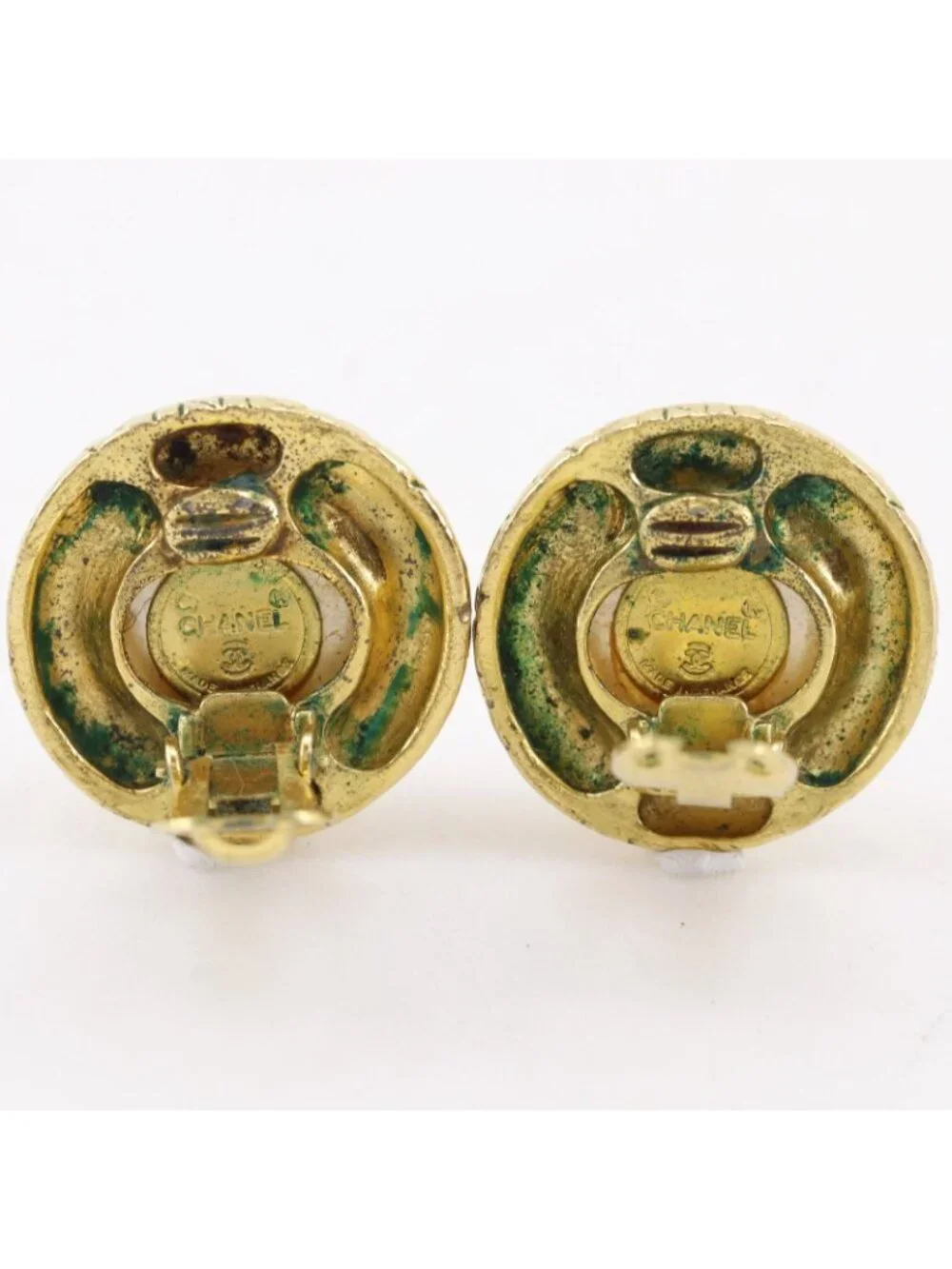 Chanel Logo Vintage Gold Plated Faux Pearl Earrings